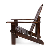 A dark brown wooden Adirondack chair with a slatted back and seat, shown from a three-quarters angle against a plain white background. 