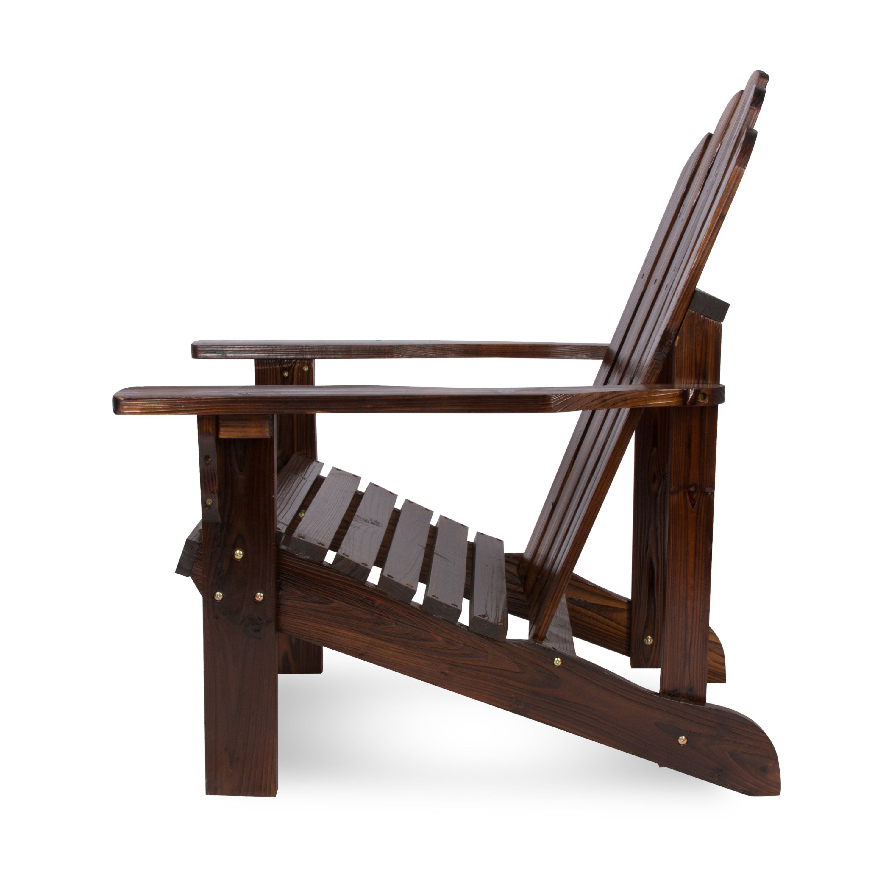 A dark brown wooden Adirondack chair with a slatted back and seat, shown from a three-quarters angle against a plain white background. 