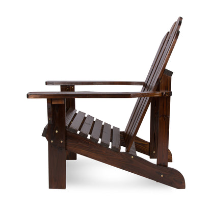 A dark brown wooden Adirondack chair with a slatted back and seat, shown from a three-quarters angle against a plain white background. 