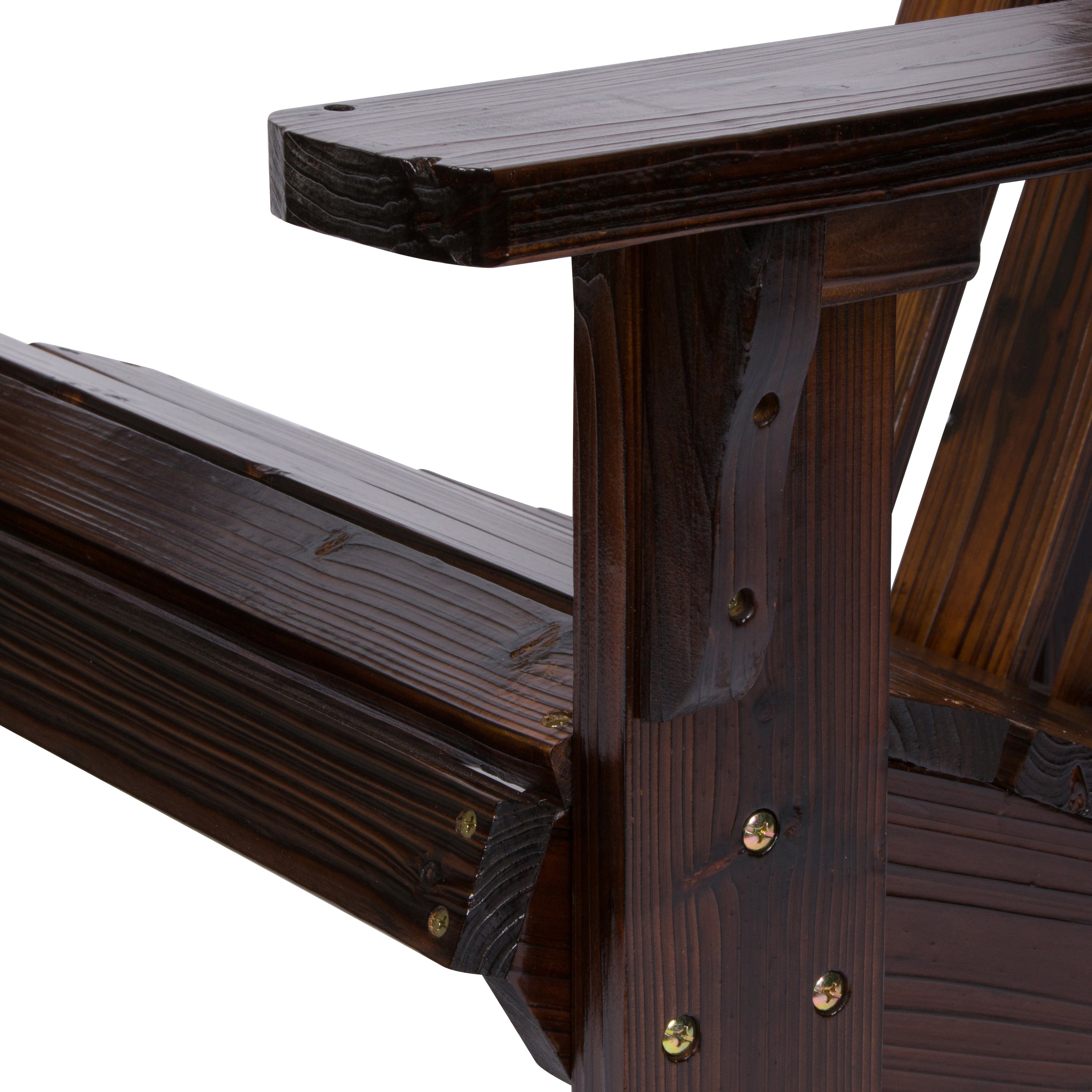 Close-up of a dark brown wooden outdoor chair showing the armrest, post, and slatted back with visible brass-colored screws. 