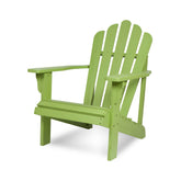 A lime green Adirondack-style outdoor chair shown from a three-quarter angle against a plain white background. 