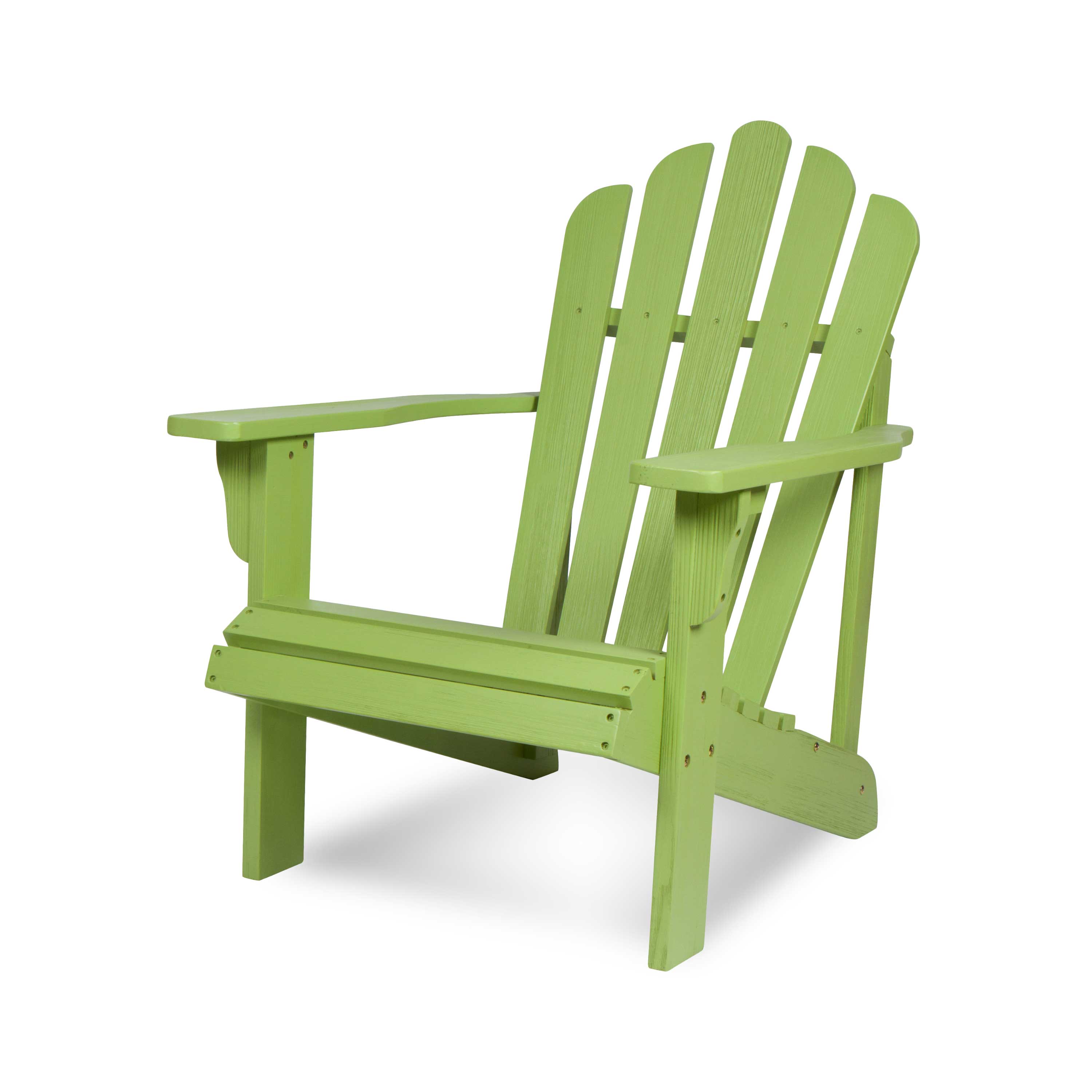 A lime green Adirondack-style outdoor chair shown from a three-quarter angle against a plain white background. 