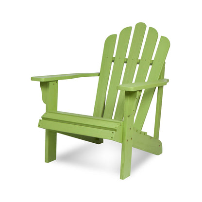 A lime green Adirondack-style outdoor chair shown from a three-quarter angle against a plain white background. 