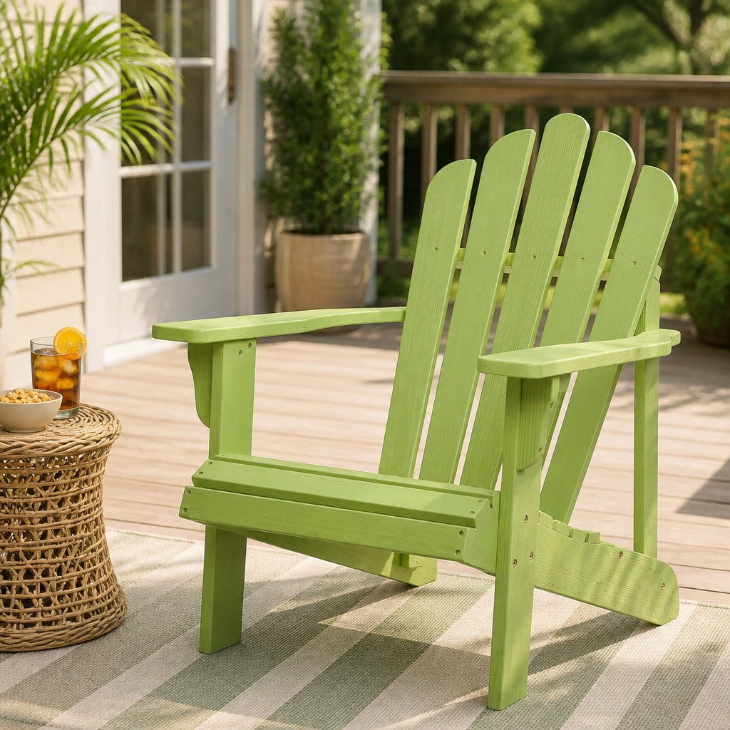 A lime green Adirondack-style outdoor chair on a wooden deck patio next to a woven side table with an iced drink. 