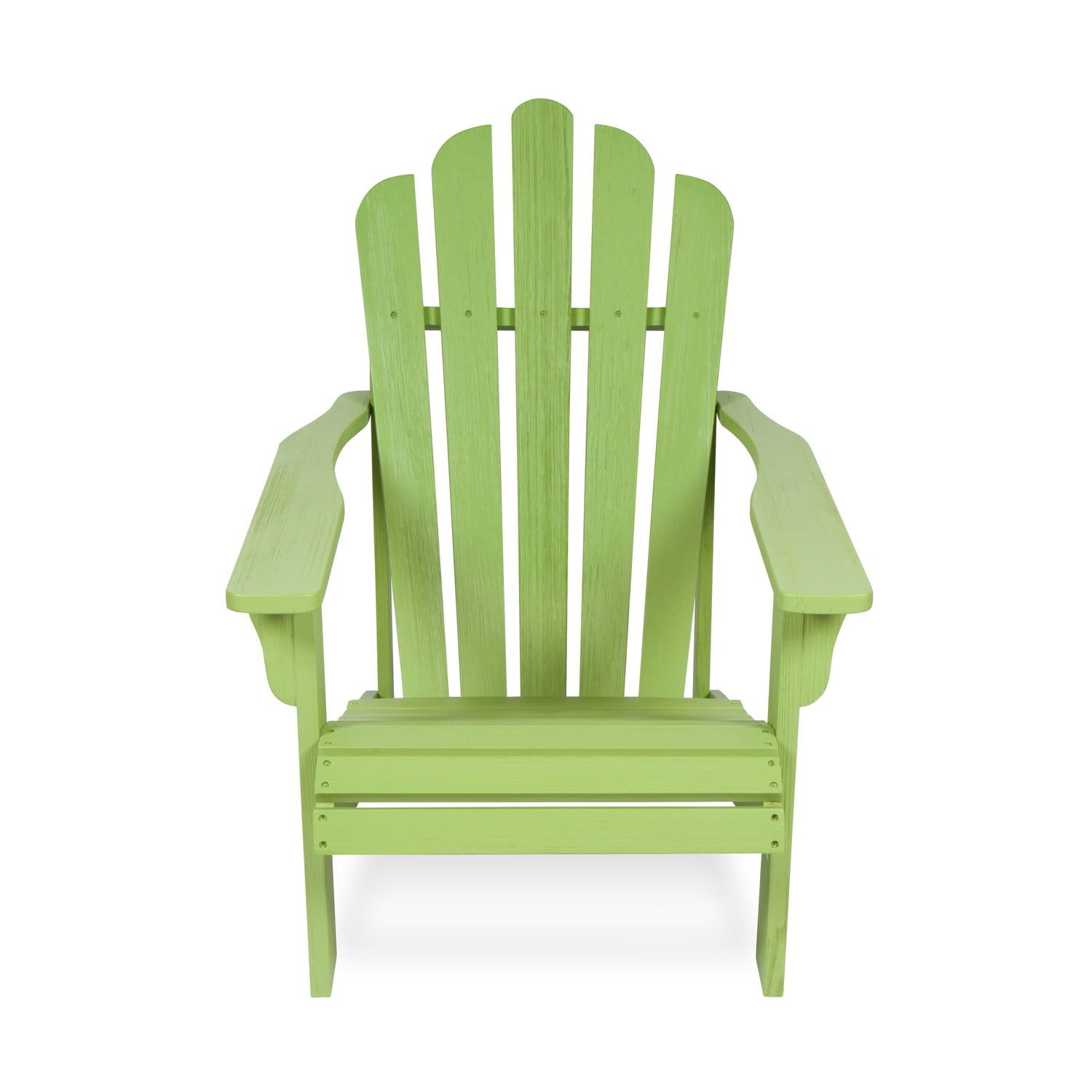 A lime green Adirondack-style outdoor chair with a tall slatted back and wide armrests, shown from the front on a clean white background. 
