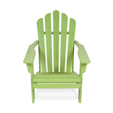 A lime green Adirondack-style outdoor chair with a tall slatted back and wide armrests, shown from the front on a clean white background. 