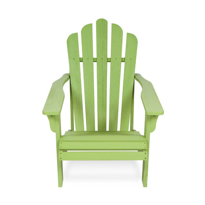 A lime green Adirondack-style outdoor chair with a tall slatted back and wide armrests, shown from the front on a clean white background. 