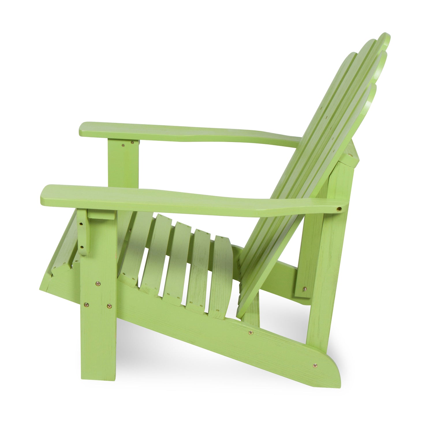 A lime green outdoor Adirondack chair shown from a side angle against a plain white background. 