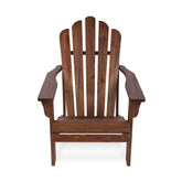 A dark brown wooden Adirondack chair with a tall slatted back, wide armrests, and a slatted seat, shown against a plain white background. 