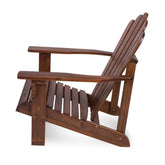 A dark brown wooden Adirondack chair with a slatted back and seat, shown from a three-quarters angle on a white background. 