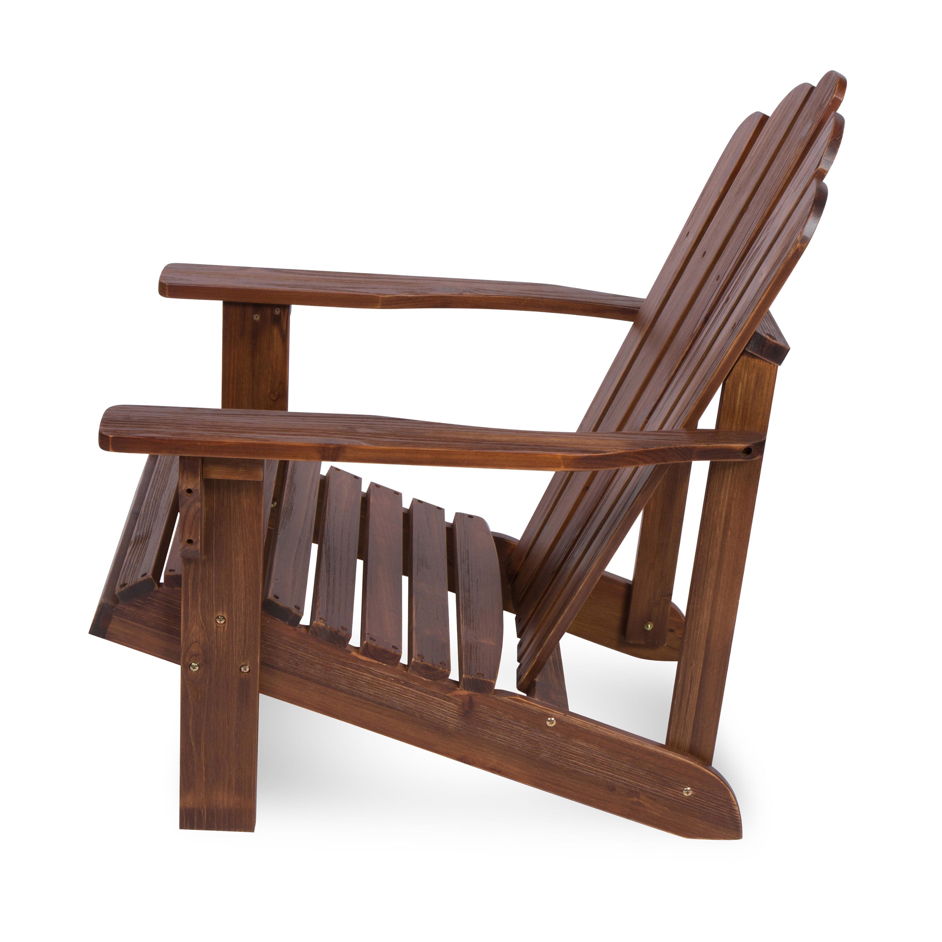 A dark brown wooden Adirondack chair with a slatted back and seat, shown from a three-quarters angle on a white background. 