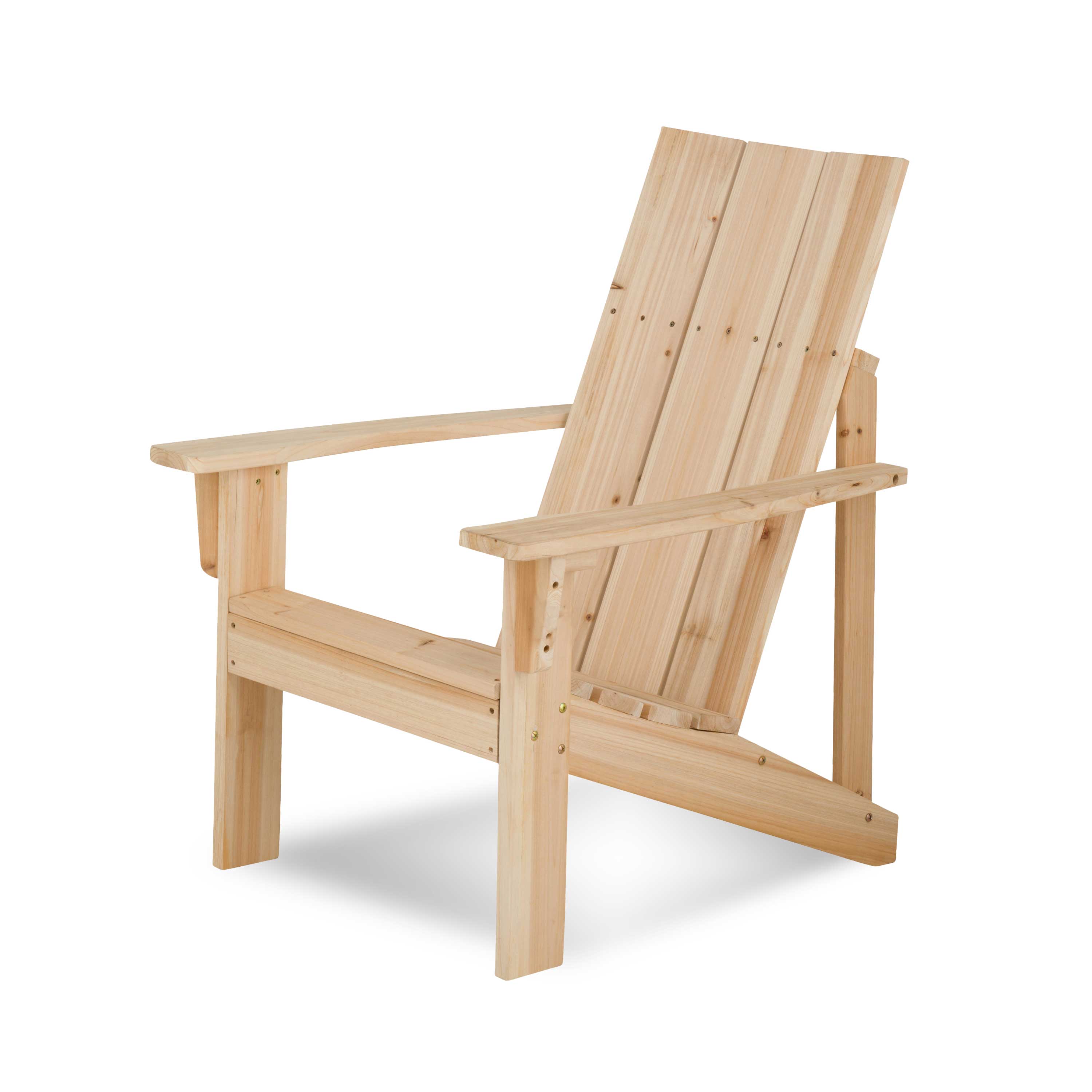 A light natural wood Adirondack chair with a tall slatted back and wide armrests, shown on a clean white background. 