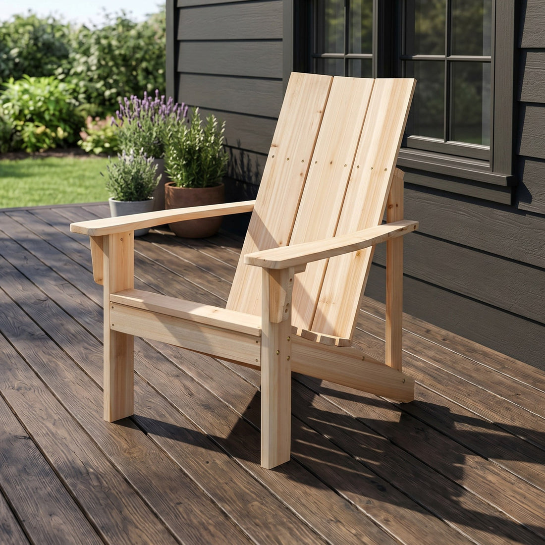 A light natural wood Adirondack chair placed on a dark wooden deck in front of a house with dark siding and a window. 
