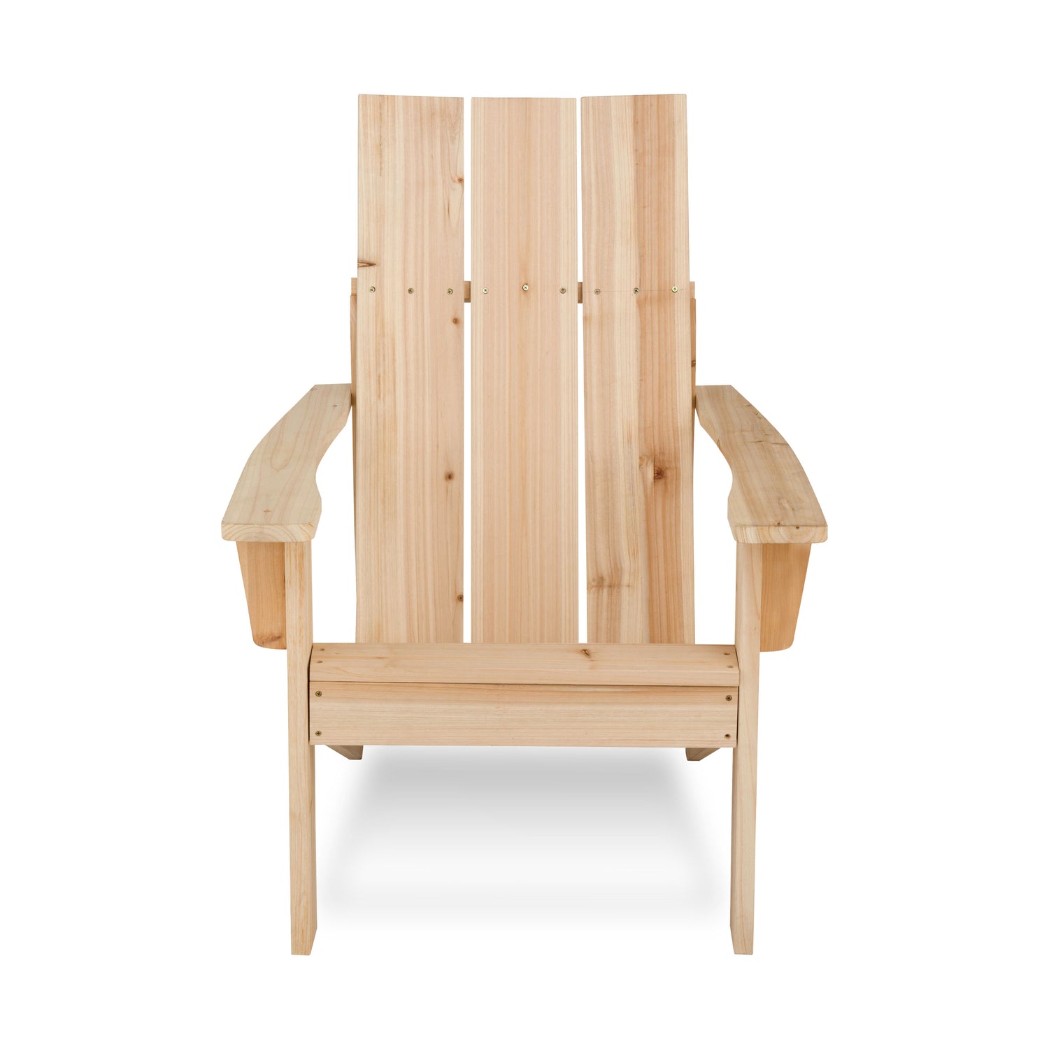 A light natural wood Adirondack chair with a tall slatted back and wide armrests, shown from the front on a white background. 