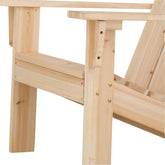 Close-up of a light natural wood Adirondack chair showing the slatted back, armrest, and joinery details on a white background. 