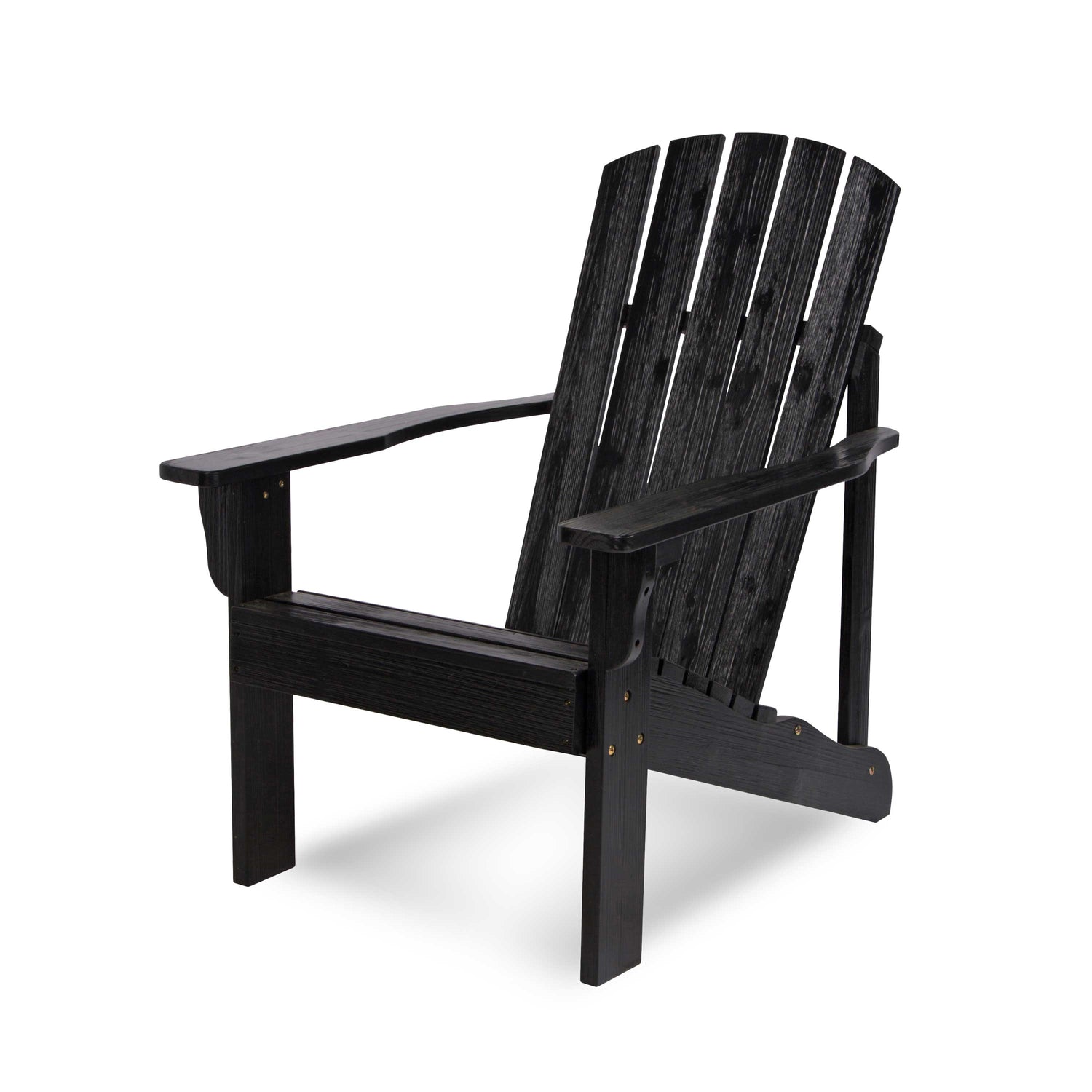 A black outdoor Adirondack chair with a slatted back and wide armrests, shown on a clean white background.  
