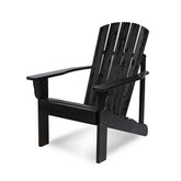 A black outdoor Adirondack chair with a slatted back and wide armrests, shown on a clean white background.  