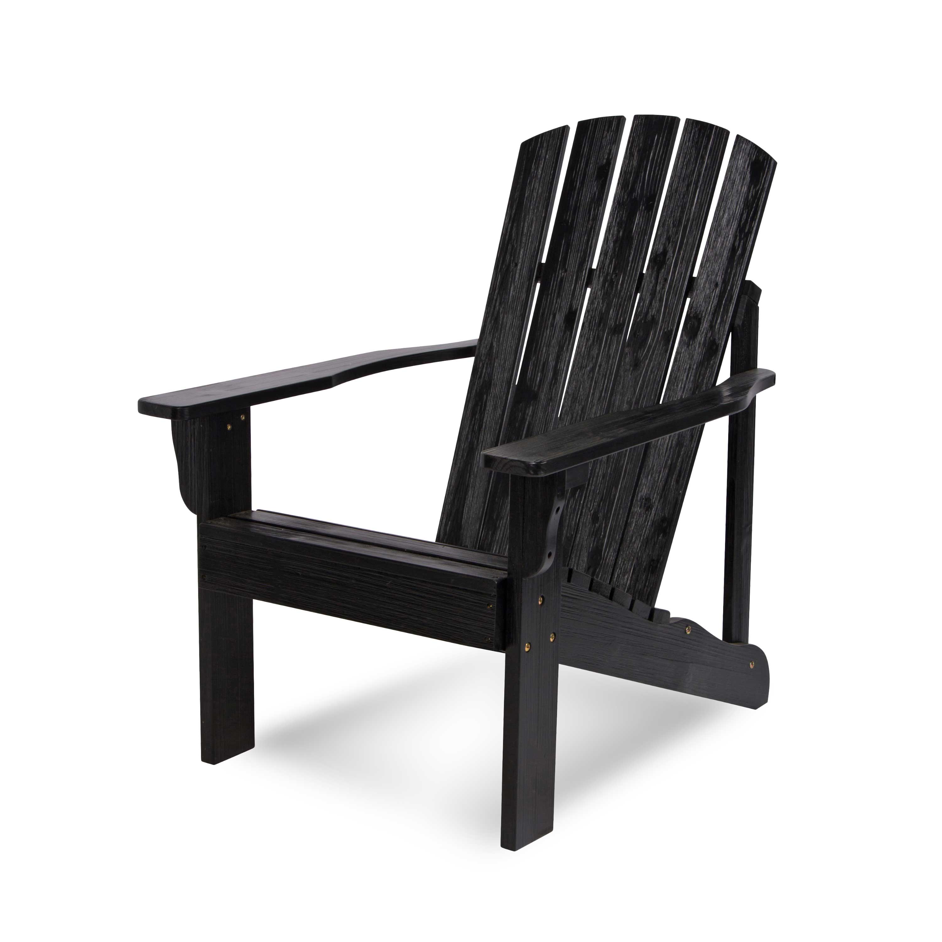 A black outdoor Adirondack chair with a slatted back and wide armrests, shown on a clean white background.  