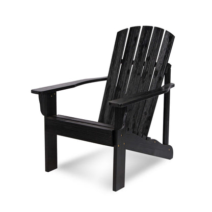 A black outdoor Adirondack chair with a slatted back and wide armrests, shown on a clean white background.  