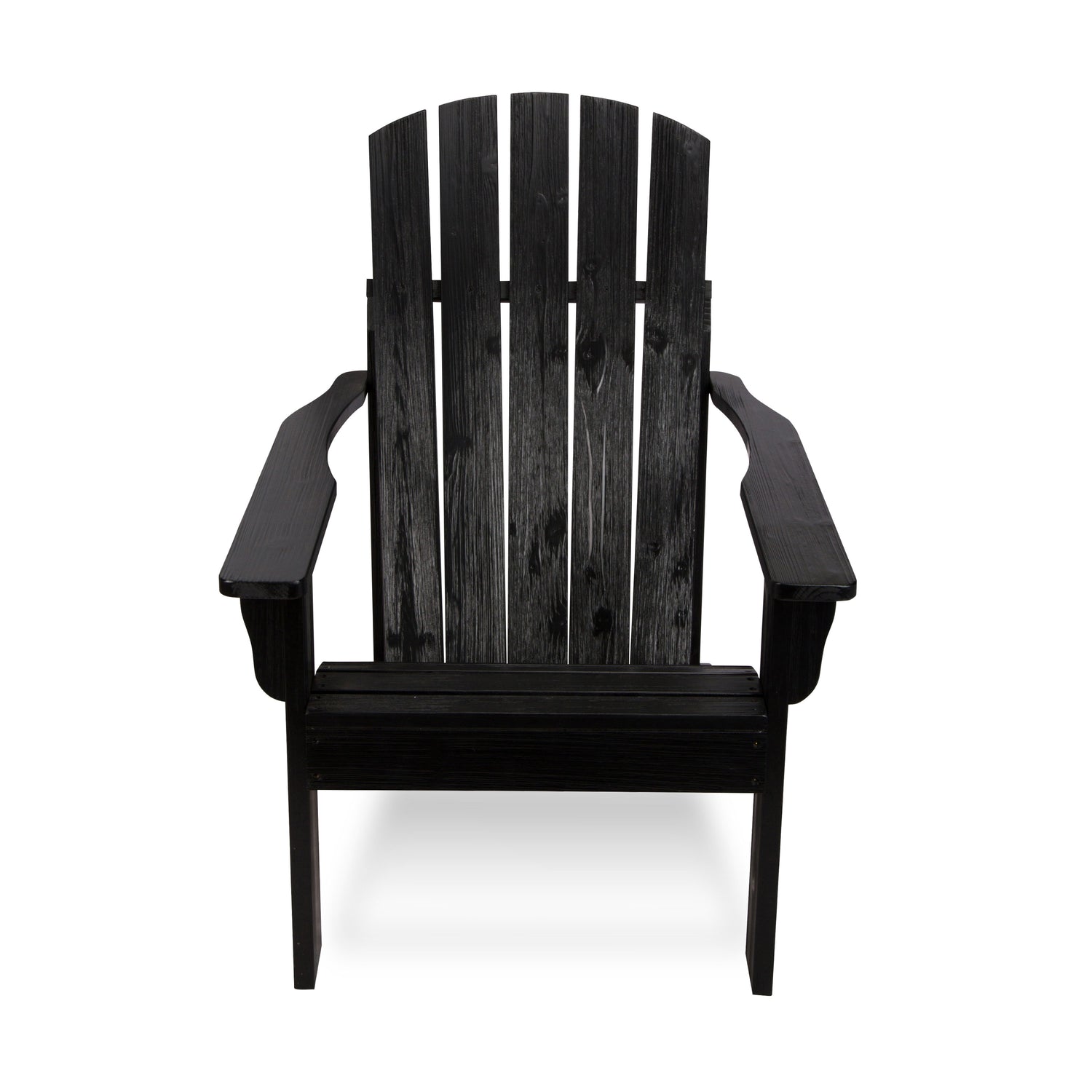 A black wooden Adirondack-style outdoor chair with a curved back, wide armrests, and a slatted seat, shown against a plain white background. 