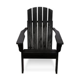 A black wooden Adirondack-style outdoor chair with a curved back, wide armrests, and a slatted seat, shown against a plain white background. 