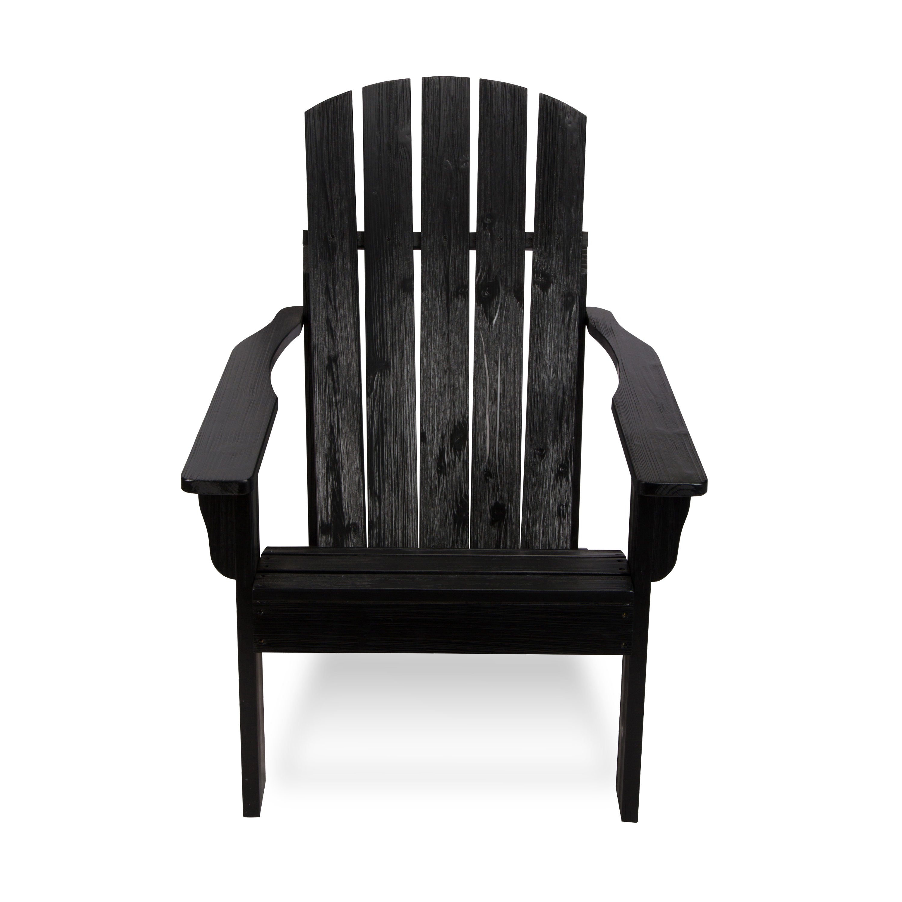 A black wooden Adirondack-style outdoor chair with a curved back, wide armrests, and a slatted seat, shown against a plain white background. 