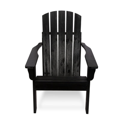 A black wooden Adirondack-style outdoor chair with a curved back, wide armrests, and a slatted seat, shown against a plain white background. 
