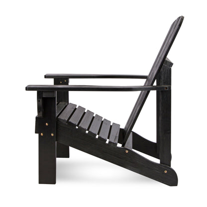 A black outdoor Adirondack chair shown from a side profile view against a solid white background. 