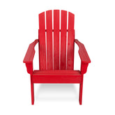 A bright red wooden Adirondack chair with a curved backrest and wide armrests, shown from the front on a plain white background. 