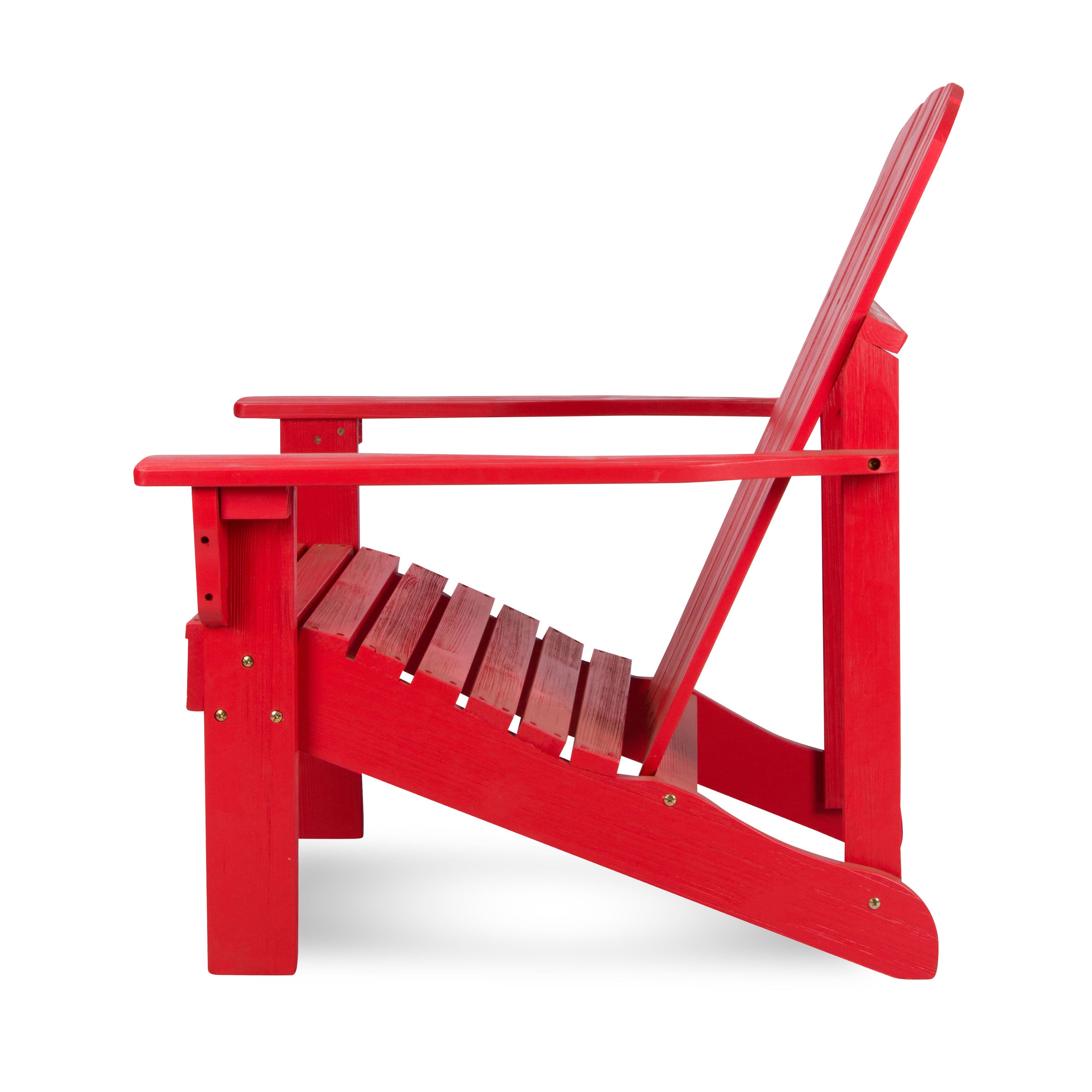 A bright red wooden Adirondack chair shown from a side angle against a plain white background. 