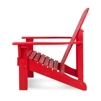 A bright red wooden Adirondack chair shown from a side angle against a plain white background. 