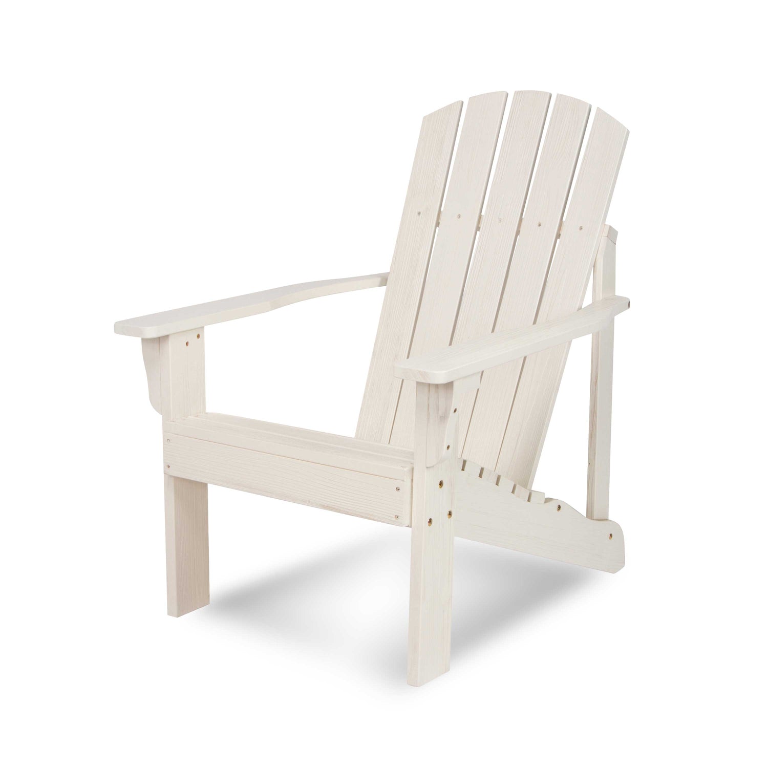 A single Adirondack-style outdoor chair in a light warm off-white finish, shown from a three-quarter angle on a plain white background. 