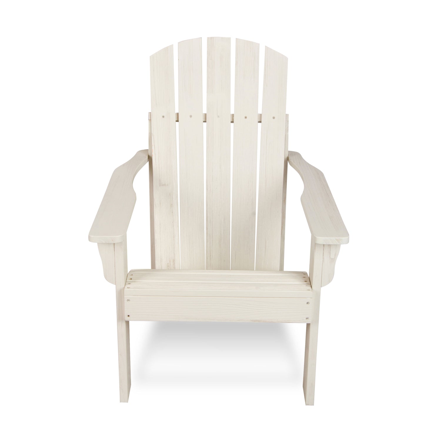 A white Adirondack-style outdoor armchair with a slatted back and wide armrests, shown from the front on a plain white background. 