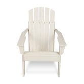 A white Adirondack-style outdoor armchair with a slatted back and wide armrests, shown from the front on a plain white background. 