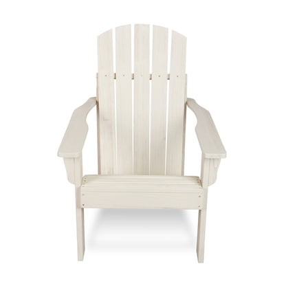 A white Adirondack-style outdoor armchair with a slatted back and wide armrests, shown from the front on a plain white background. 
