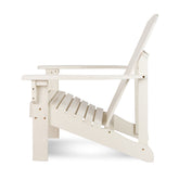 A white wooden Adirondack chair shown from a side profile view against a clean white background. 