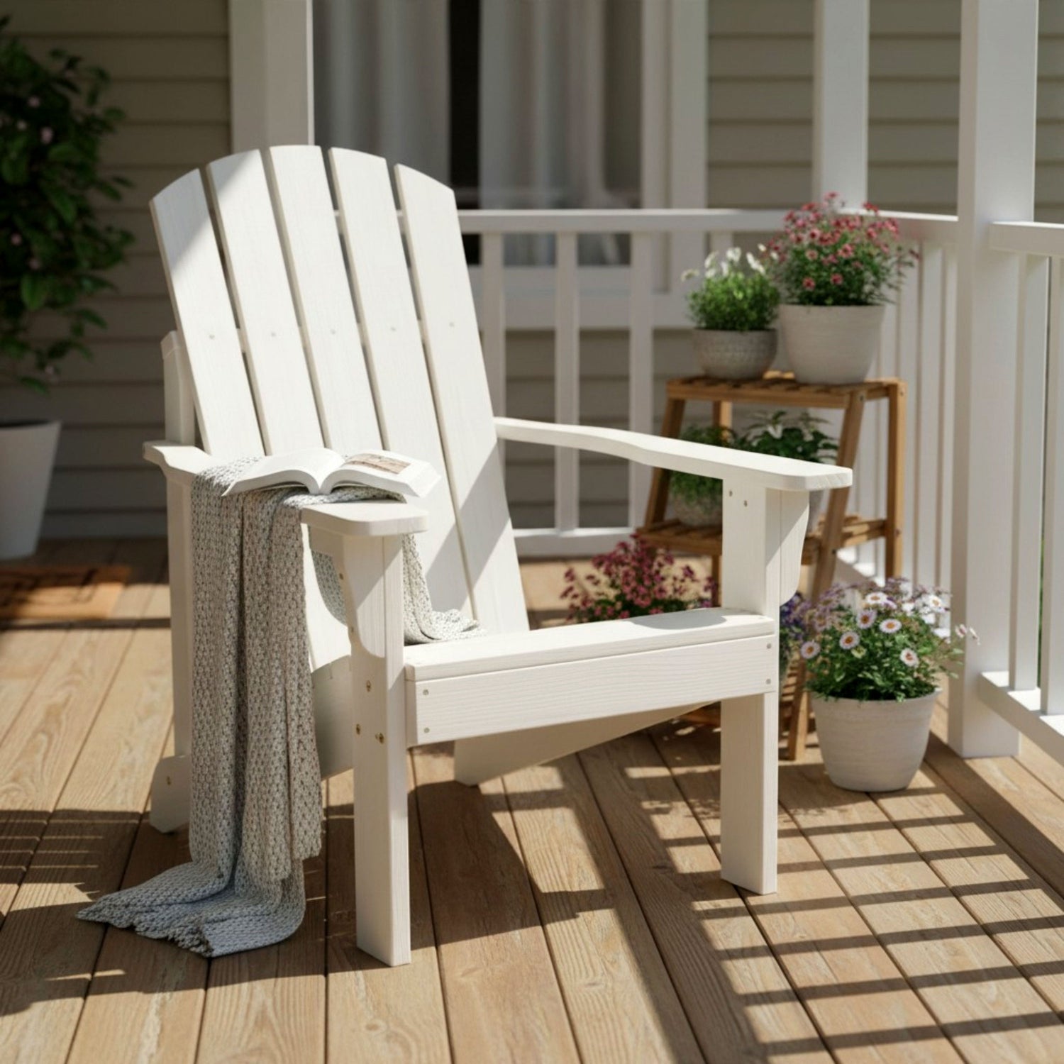 A white Adirondack-style outdoor chair sits on a wooden deck porch with a gray knit throw draped over the arm and an open book resting on the seat. The chair is photographed in a real porch environment with plants, a small side table, and house siding in the background. 