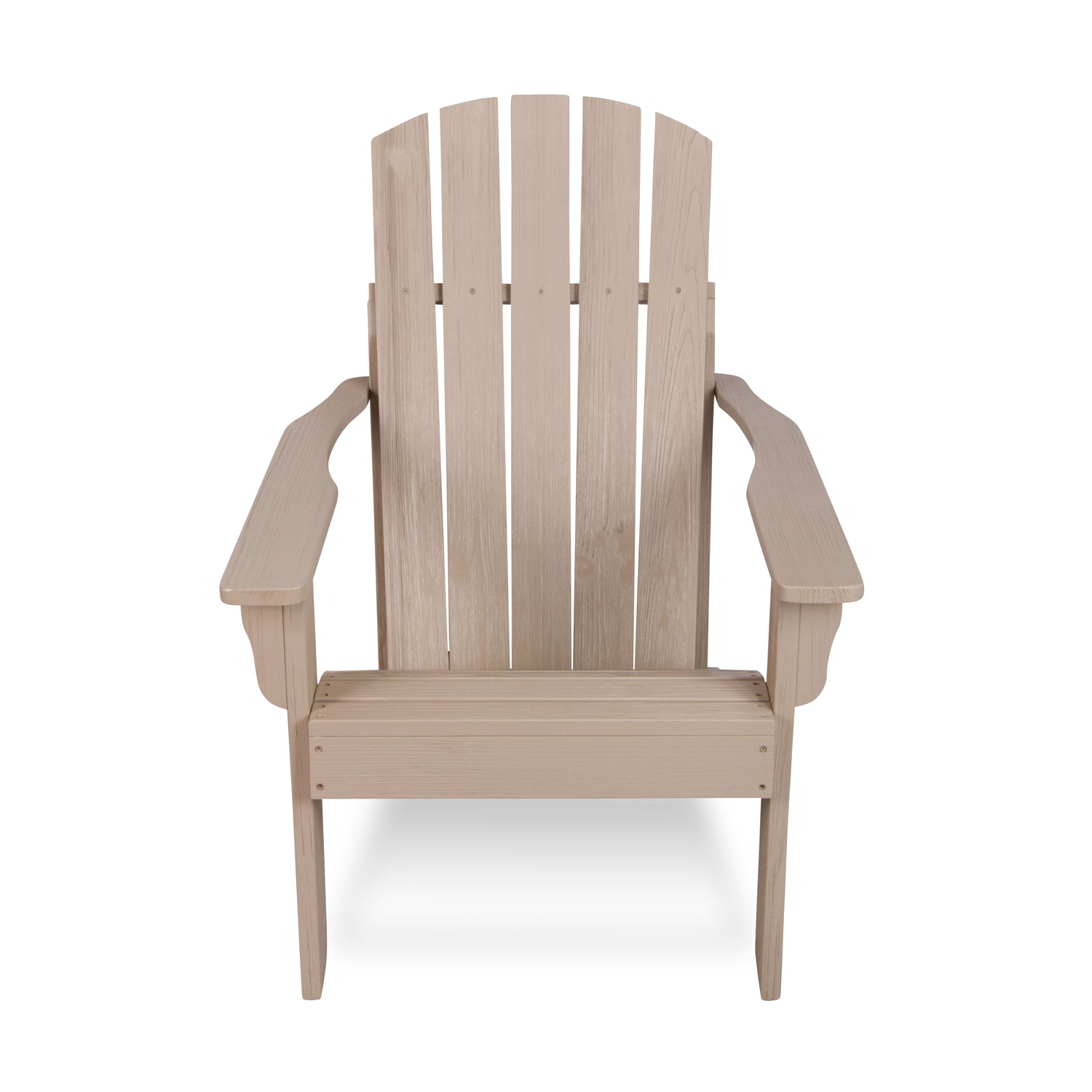 A light beige Adirondack-style outdoor chair with a slatted back and wide armrests, shown from the front on a plain white background. 