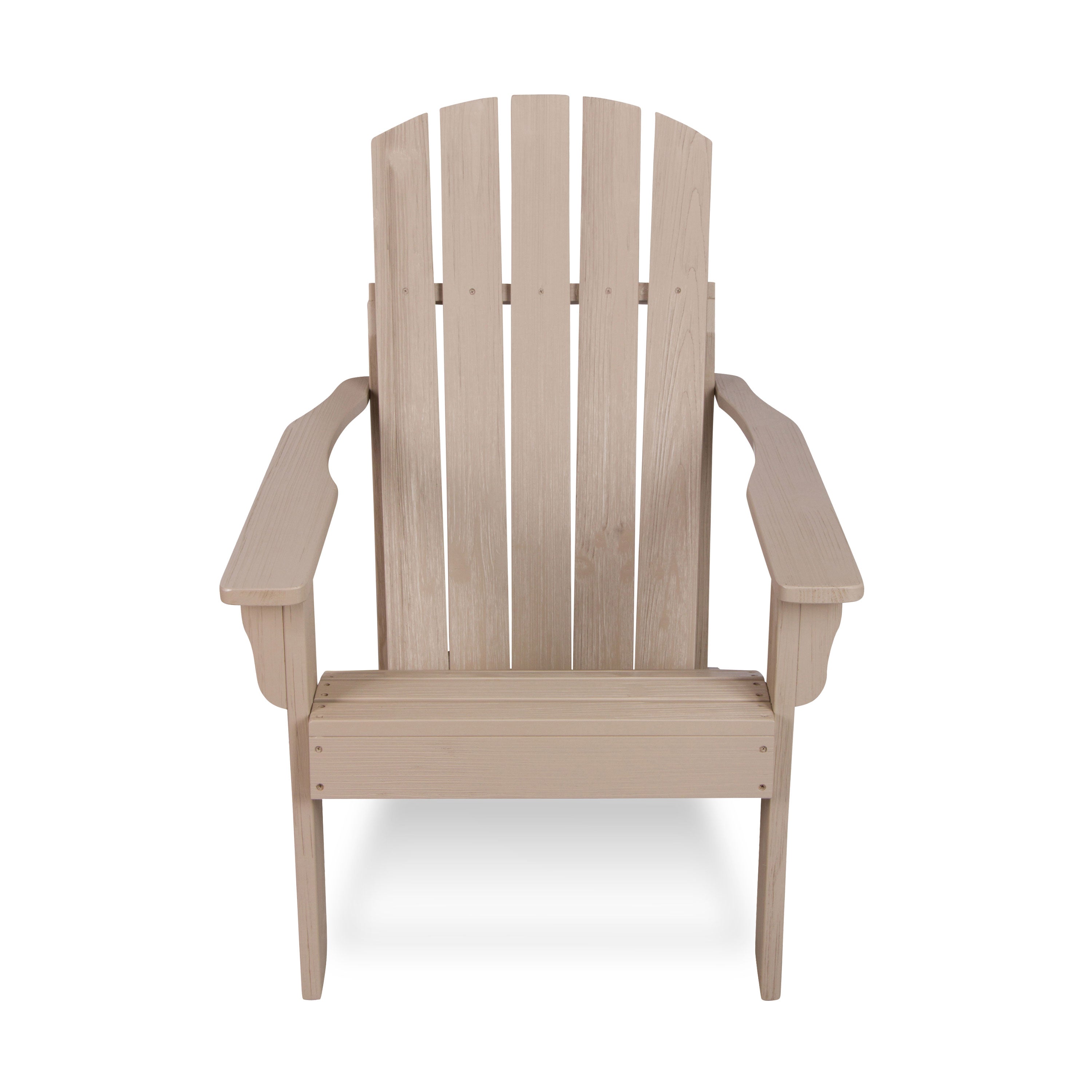 A light beige Adirondack-style outdoor chair with a slatted back and wide armrests, shown from the front on a plain white background. 