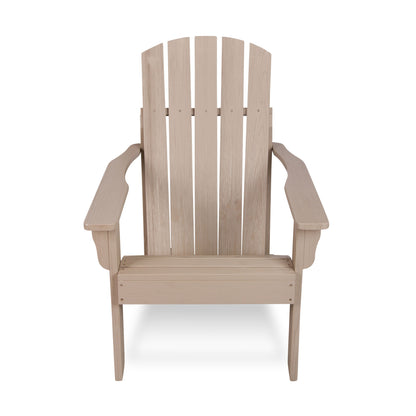A light beige Adirondack-style outdoor chair with a slatted back and wide armrests, shown from the front on a plain white background. 