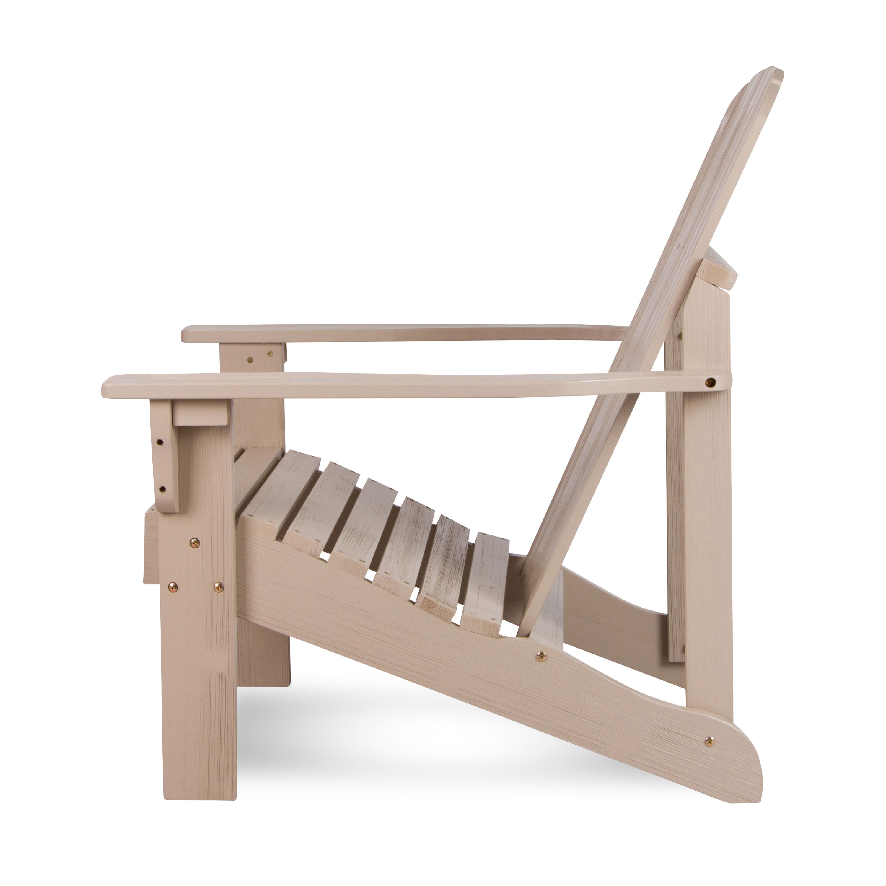 A light grayish-brown wood Adirondack chair shown from a side profile view against a solid white background. 