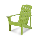 A lime green Adirondack-style outdoor chair shown from a three-quarter angle on a clean white background. 