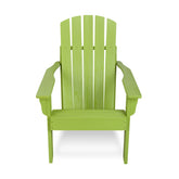 A lime green Adirondack-style outdoor chair with a curved back, wide armrests, and a slatted seat, shown against a plain white background. 