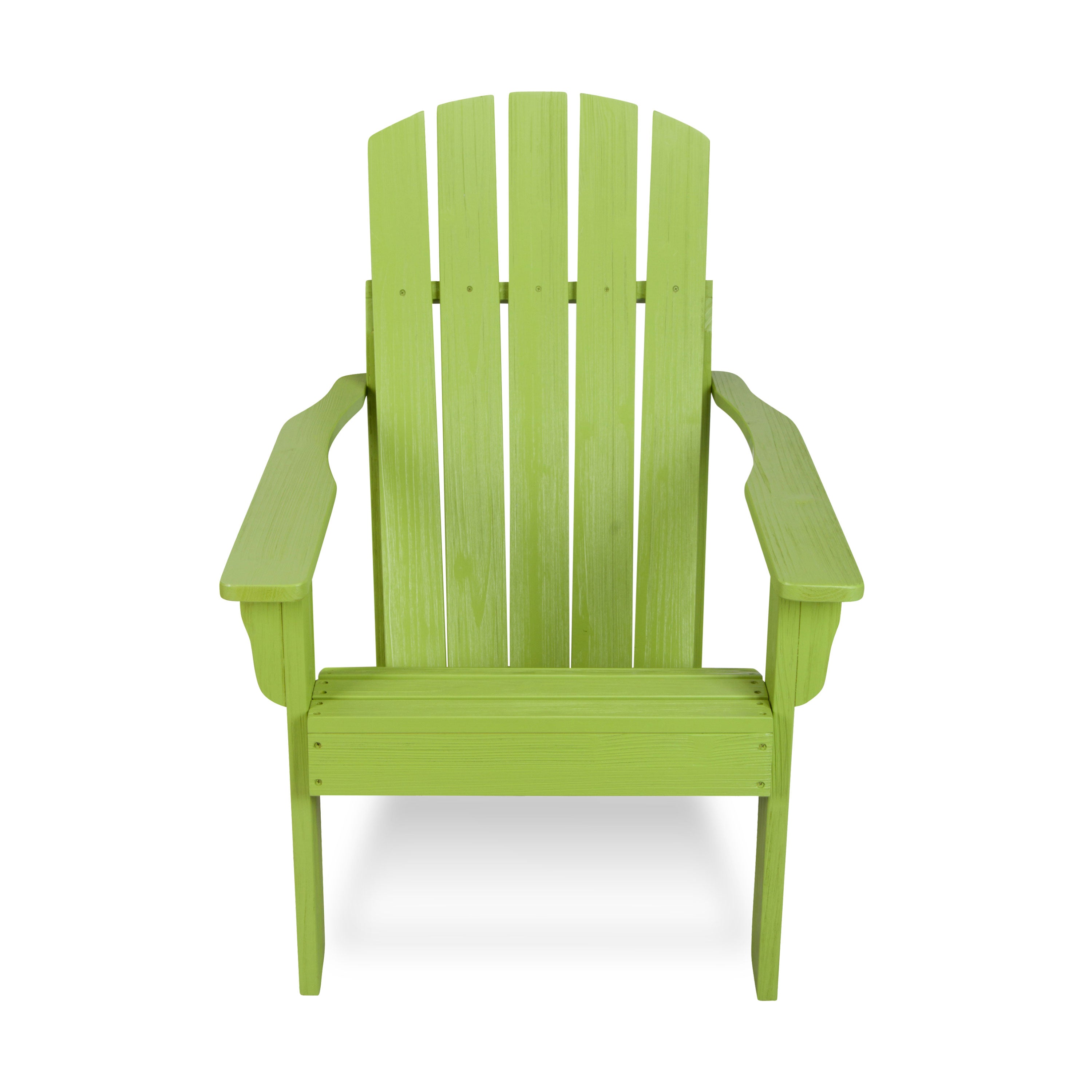 A lime green Adirondack-style outdoor chair with a curved back, wide armrests, and a slatted seat, shown against a plain white background. 