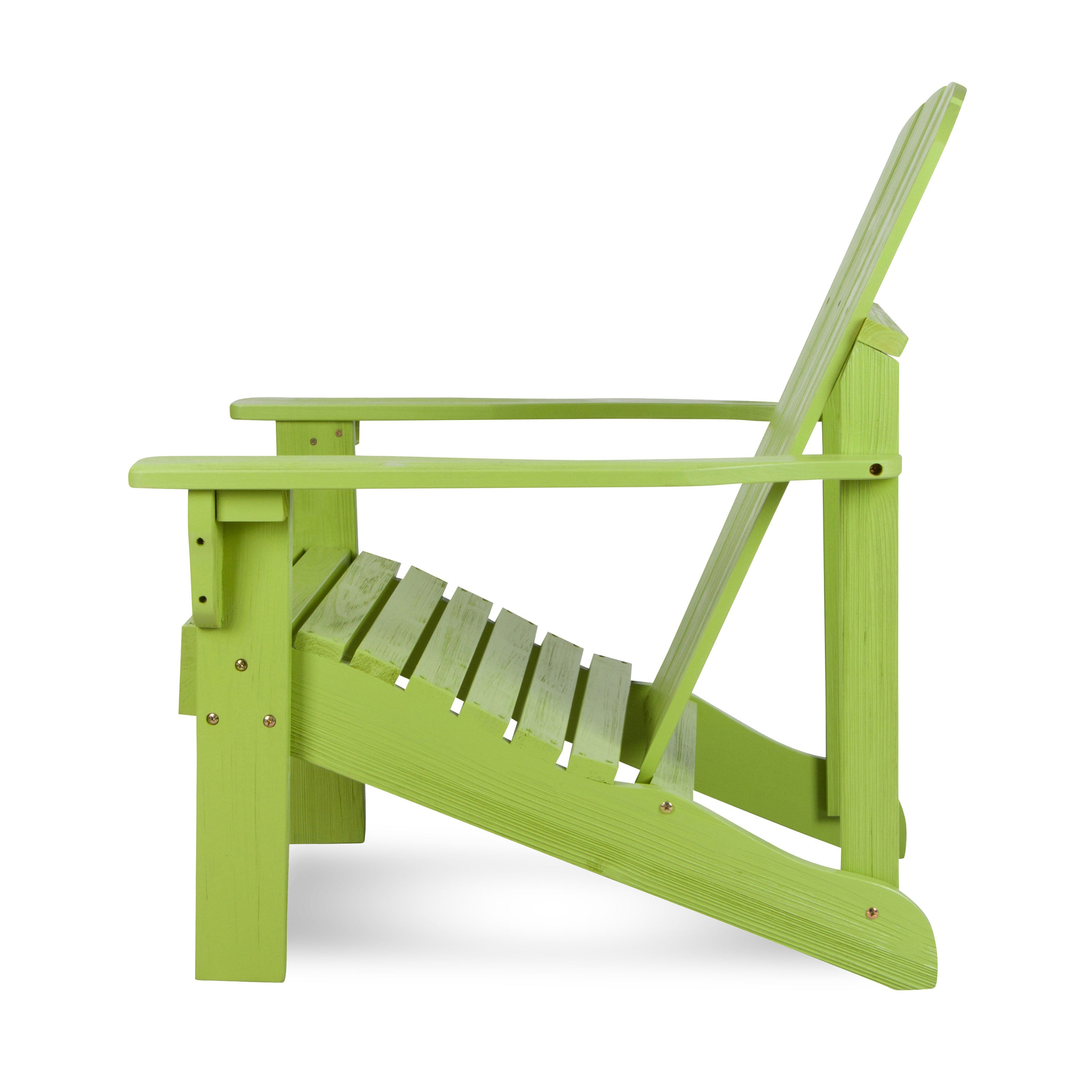 A lime green wooden Adirondack chair shown from a side profile view against a plain white background. 