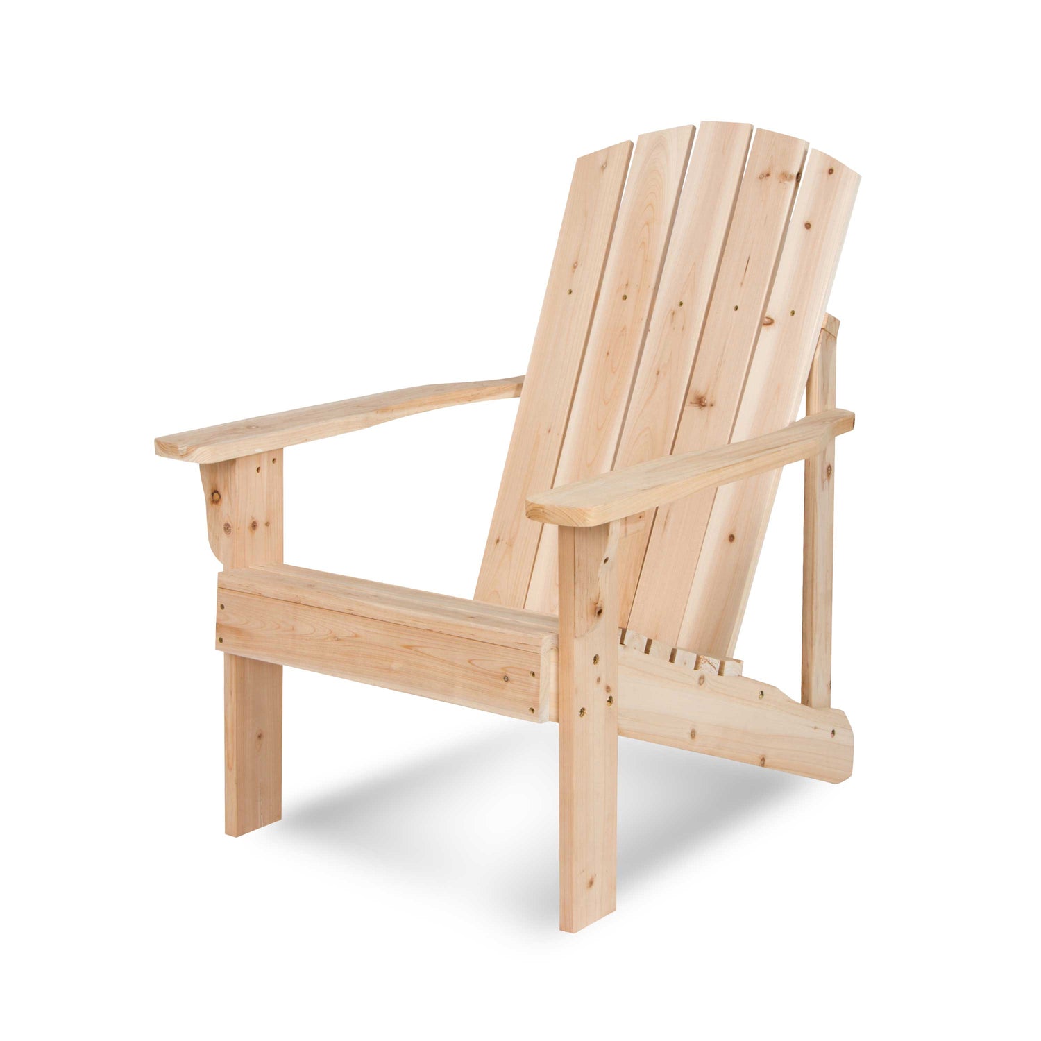 A light natural wood Adirondack chair with a slatted back and wide armrests, shown on a clean white background with a soft shadow underneath.  
