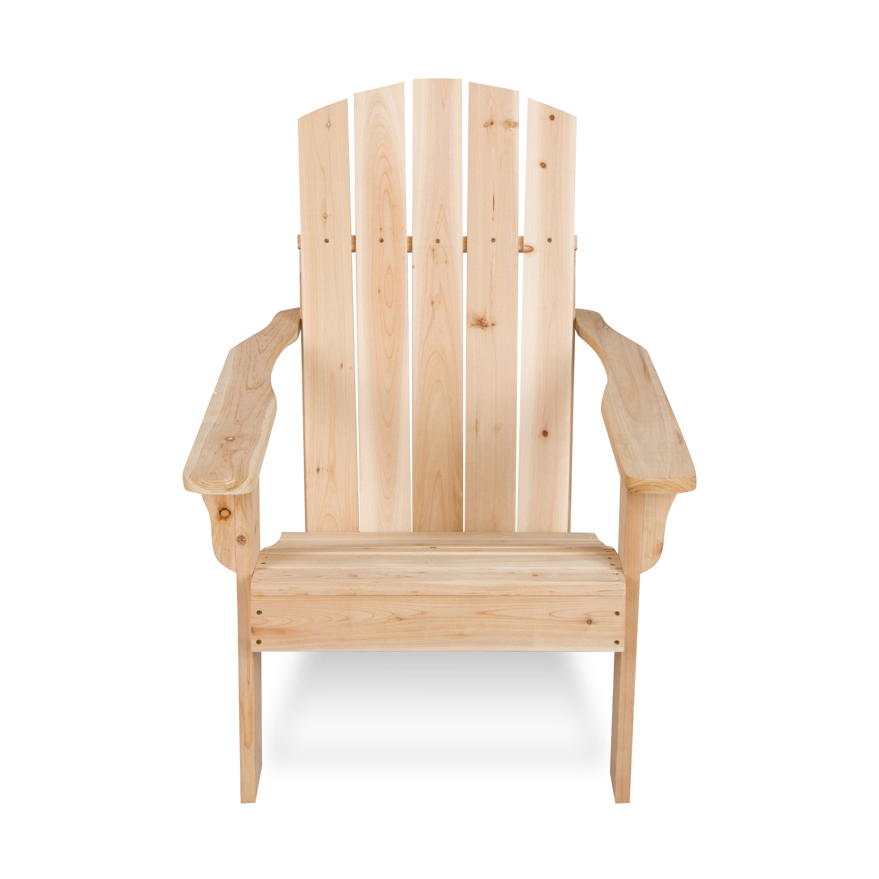 A light natural wood Adirondack chair with a tall slatted backrest and wide armrests, shown from the front on a plain white background.  