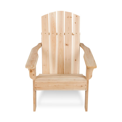 A light natural wood Adirondack chair with a tall slatted backrest and wide armrests, shown from the front on a plain white background.  