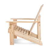 A light natural wood folding outdoor chair with a slatted seat and backrest, shown from a side angle on a white background.  