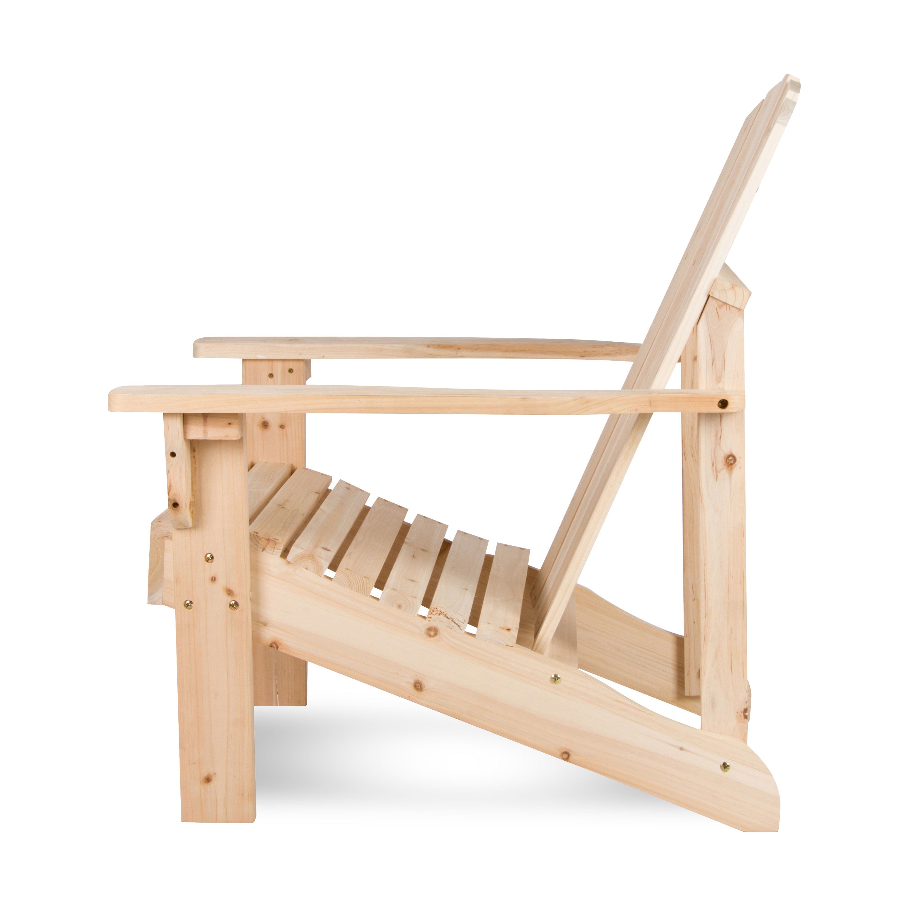 A light natural wood folding outdoor chair with a slatted seat and backrest, shown from a side angle on a white background.  